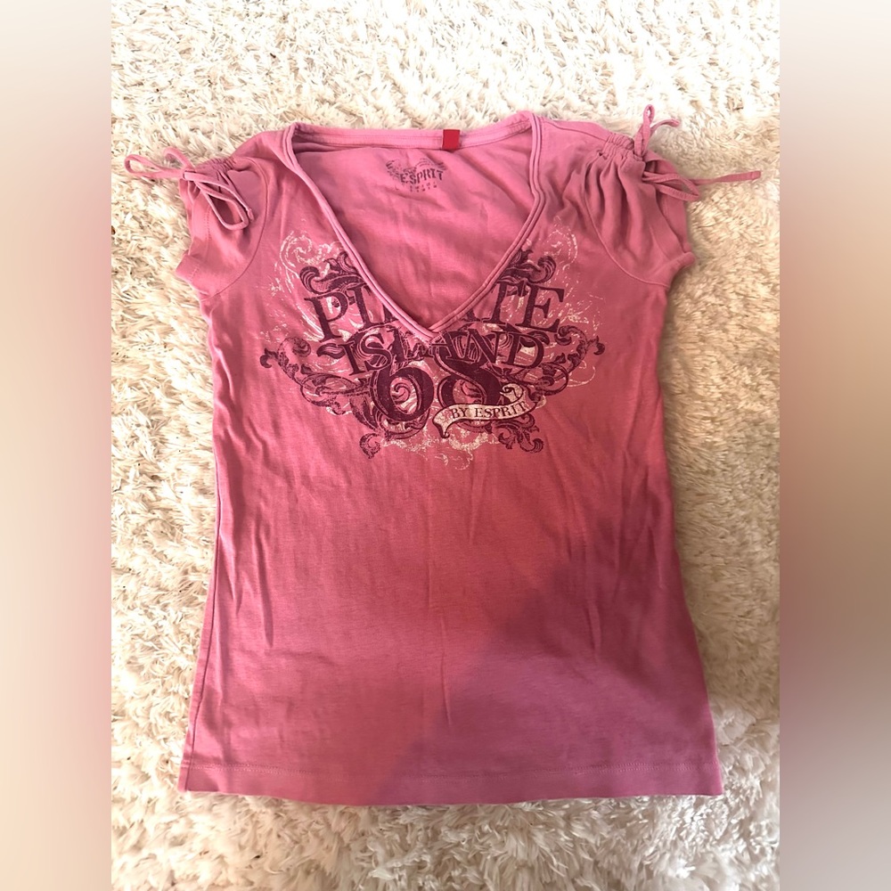 🆕 🎀 ESPRIT 100% Cotton Pink Tshirt Ribbon Sleeve